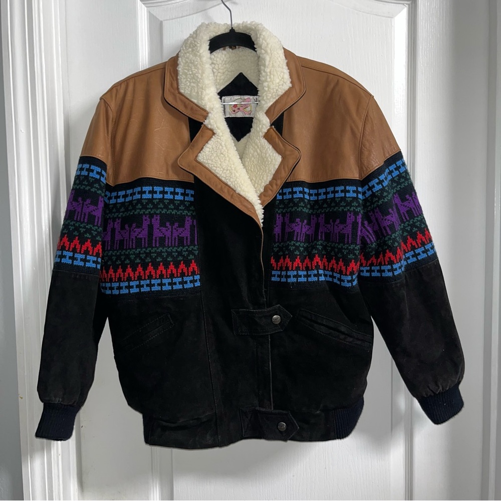 Adler Vintage Suede Leather Sherpa Aztec Southwestern Style Jacket - Picture 1 of 9